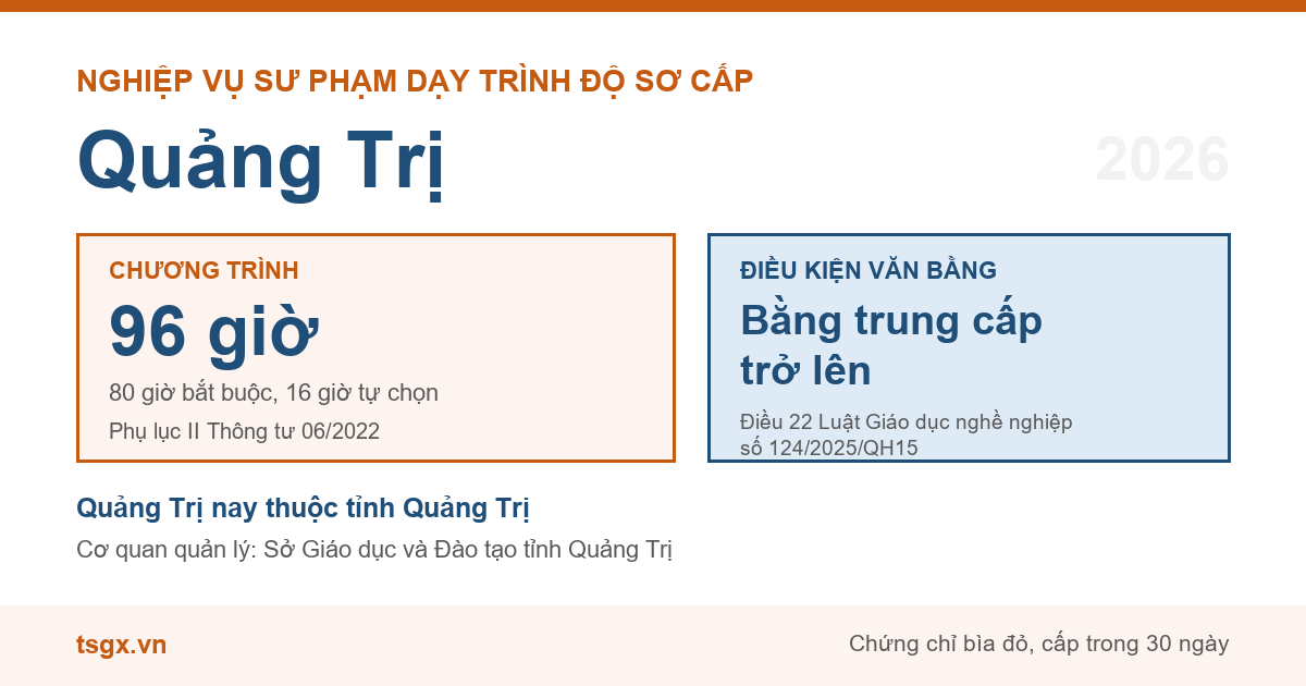 Chương trình 96 giờ và điều kiện văn bằng với nhà giáo dạy trình độ sơ cấp tại Quảng Trị năm 2026
