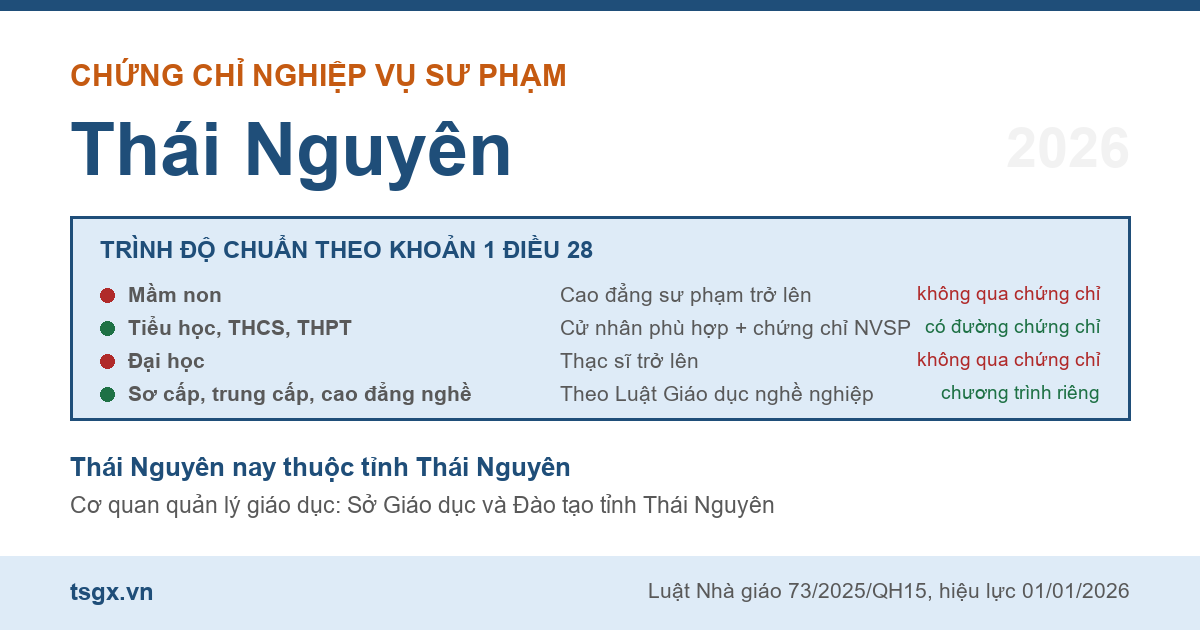 Bốn nhóm trình độ chuẩn nhà giáo áp dụng với người học nghiệp vụ sư phạm tại Thái Nguyên năm 2026