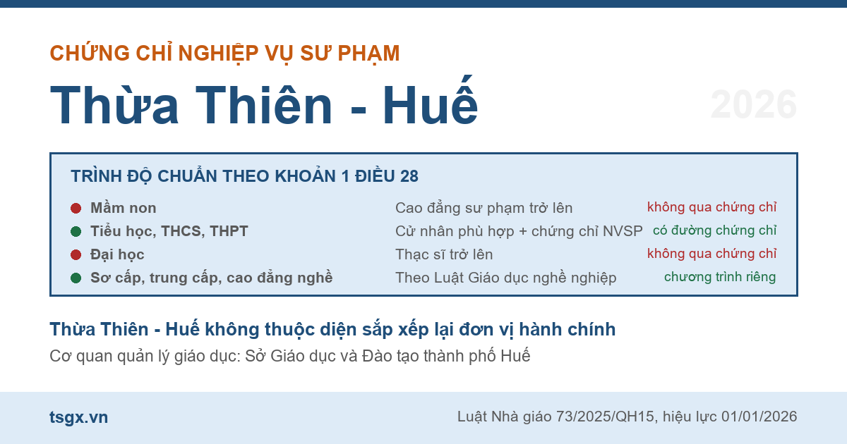 Bốn nhóm trình độ chuẩn nhà giáo áp dụng với người học nghiệp vụ sư phạm tại Thừa Thiên - Huế năm 2026