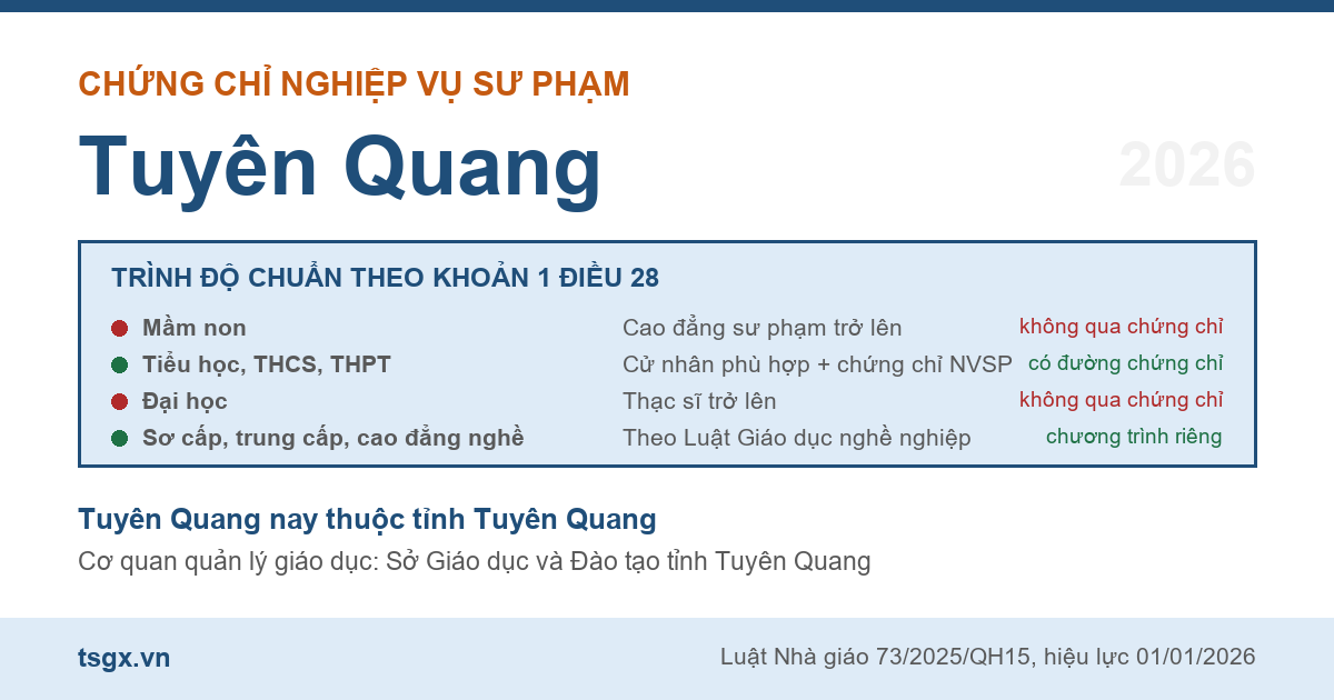 Bốn nhóm trình độ chuẩn nhà giáo áp dụng với người học nghiệp vụ sư phạm tại Tuyên Quang năm 2026
