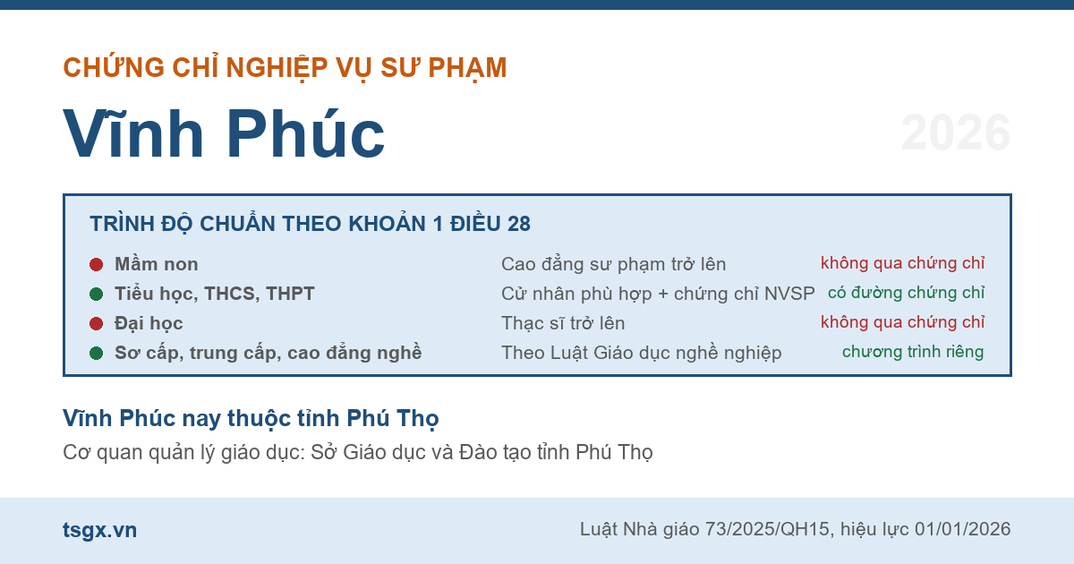 Bốn nhóm trình độ chuẩn nhà giáo áp dụng với người học nghiệp vụ sư phạm tại Vĩnh Phúc năm 2026