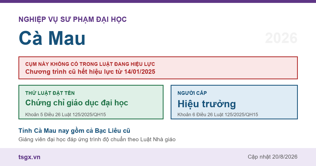 Chứng chỉ nghiệp vụ sư phạm đại học tại Cà Mau năm 2026, cụm này không có trong Luật Giáo dục đại học số 125/2025/QH15