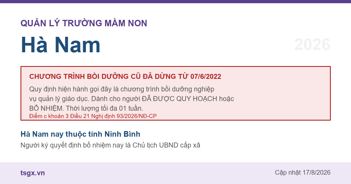 Quy định về bồi dưỡng nghiệp vụ quản lý giáo dục mầm non tại Hà Nam năm 2026