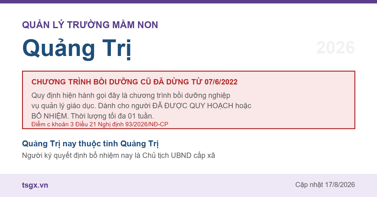 Quy định về bồi dưỡng nghiệp vụ quản lý giáo dục mầm non tại Quảng Trị năm 2026