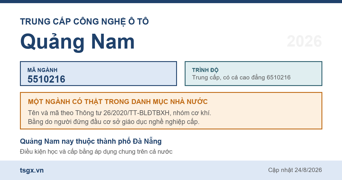 Thông tin ngành trung cấp Công nghệ ô tô mã 5510216 tại Quảng Nam năm 2026