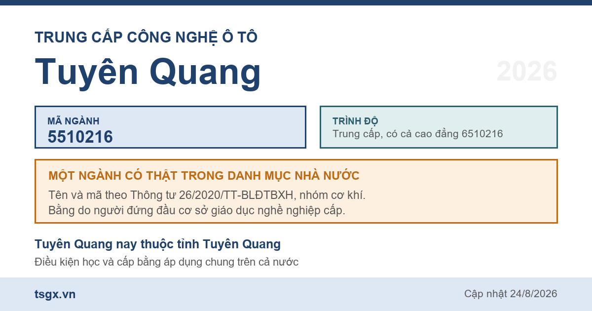 Thông tin ngành trung cấp Công nghệ ô tô mã 5510216 tại Tuyên Quang năm 2026